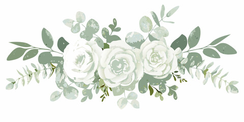 Watercolor White Roses And Eucalyptus Arrangement With A White Background © Partha
