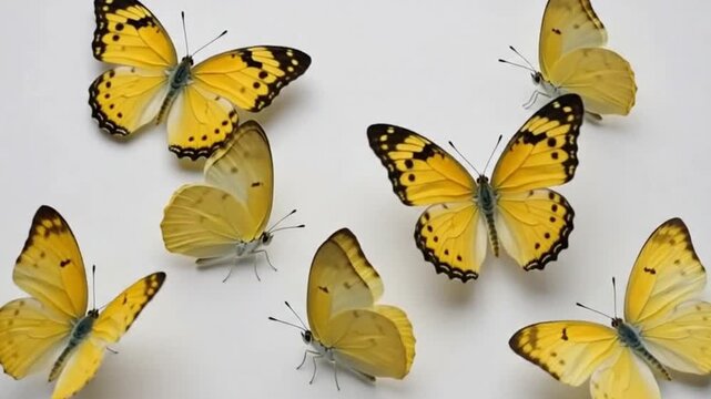Group of beautiful yellow butterflies isolated on white background