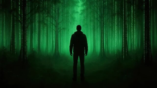 Backlit human silhouette stands in a foggy, neon-green forest with vertical digital light streams, creating a mysterious futuristic atmosphere