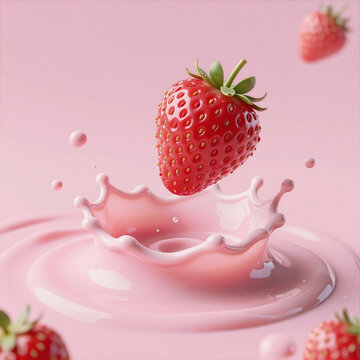 Pop Art Splash Nutrient. 3D Illustration Of A Strawberry Falling Into Pink Milk/Yogurt Splash