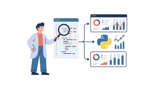 Data analysis with Python, scientist examining code and charts, digital illustration