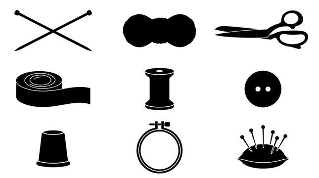Sewing tools and accessories icons set including scissors, buttons, thread, needle, and thimble