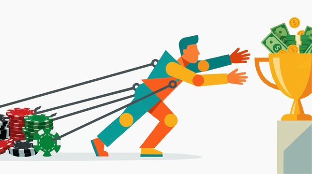 The Struggle for Riches: An illustrated depiction of a person tethered by ropes to a stack of gambling chips, striving towards a golden trophy overflowing with cash and coins.