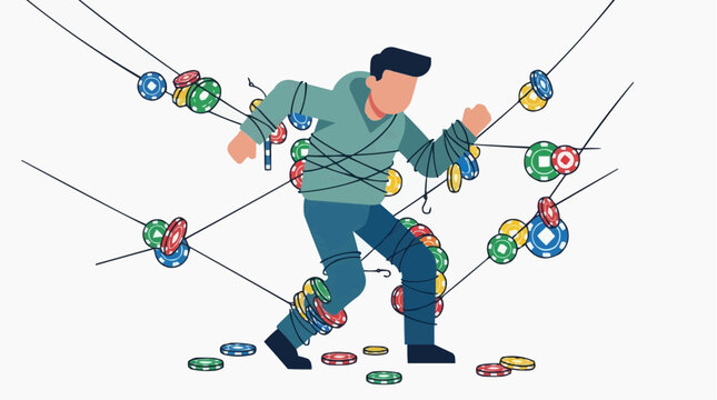 Trapped by Temptation: A man ensnared by colorful strings adorned with gambling chips, symbolizing the struggle against addiction and the lure of chance.