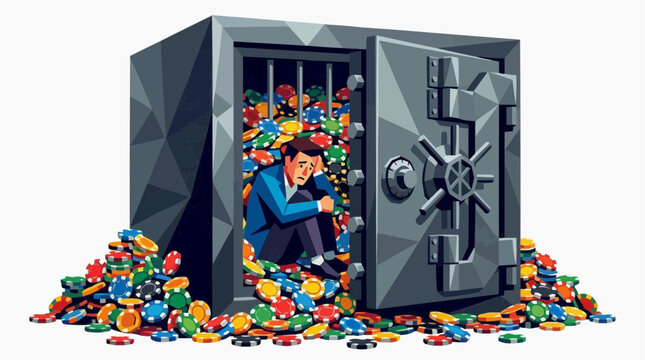 Trapped by Temptation: A man sits dejectedly inside an open safe overflowing with colorful casino chips, symbolizing the overwhelming allure and potential downfall of gambling addiction.