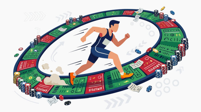 Gambling Treadmill: A person runs on a circular treadmill representing a casino game, surrounded by chips and cards, symbolizing the relentless and often addictive nature of gambling.