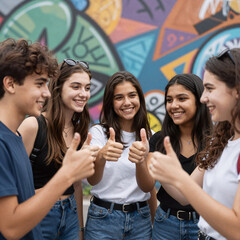 Fototapeta premium Street Art Group Of Students Hanging Out. Group Of Teenagers Or Students Posing With Thumbs Up
