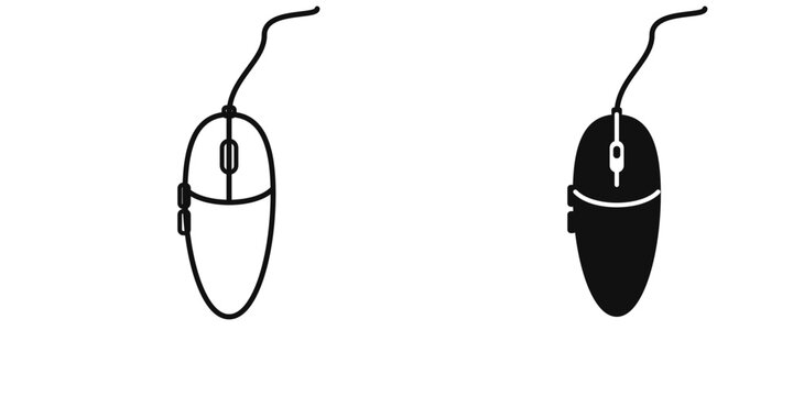 Computer mouse icon set with scroll wheel and side buttons in linear outline and solid filled vector styles