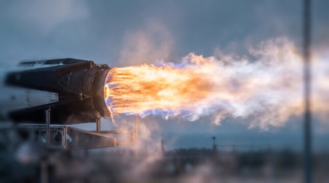 Close-up rocket engine ignition during space launch with flame exhaust plume and liftoff power