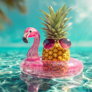 Funny tropical concept with a ripe pineapple wearing sunglasses floating on a pink glitter flamingo inflatable ring in the clear turquoise sea water on a sunny day