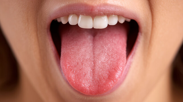 Extreme close up of a woman showing her healthy pink tongue out of an open mouth, focusing on the texture of taste buds and clean white teeth in a dental concept