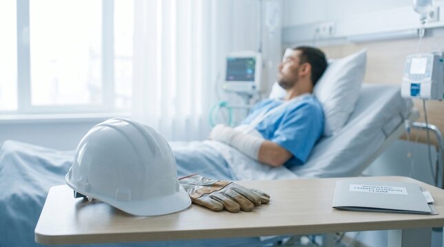 Hard hat and work glove beside injured worker in hospital bed showing workers compensation claim and recovery concept