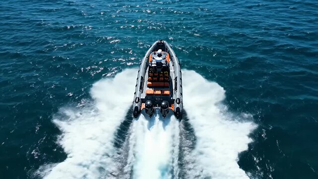 Top-down aerial shot of rigid inflatable boat speeding.