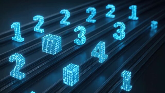 Glowing blue 3D numbers and binary cubes on dark tracks conveying digital data flow and futuristic computing concept