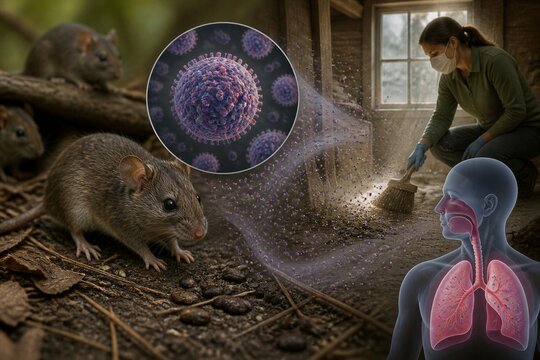Rats scurry near decaying wood and dirt. Virus particle floats in mid-air, near the rodents. Masked person cleans a dusty area with a broom. An anatomical diagram shows lungs and airway damage