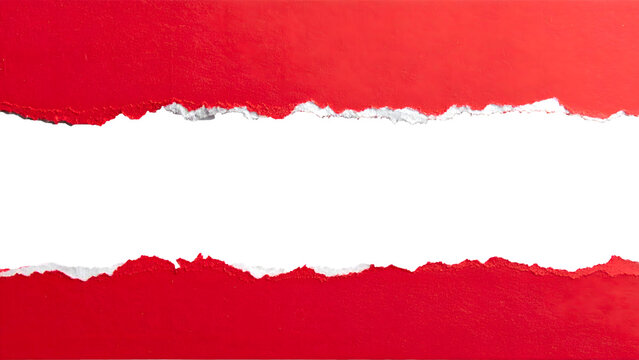 Bright red torn paper strips creating a wide horizontal gap for custom text in this high quality studio photography shot