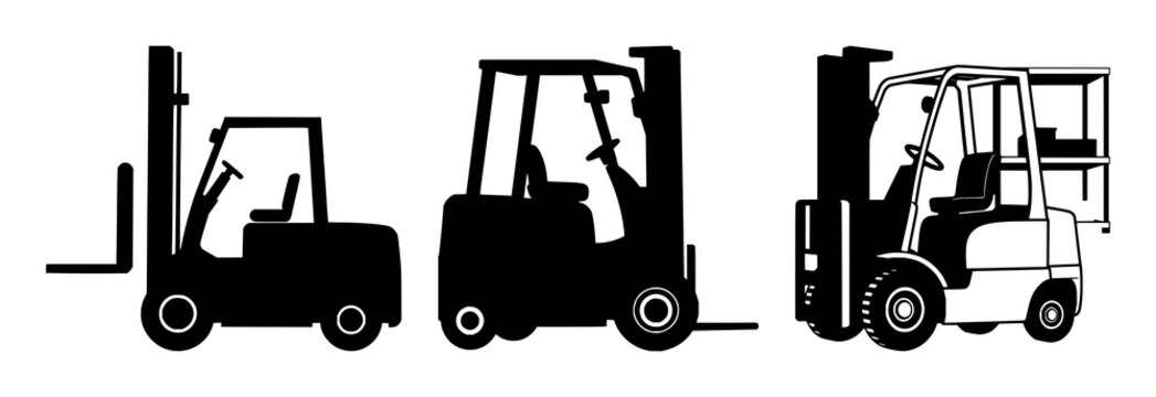 Forklift icon set with solid black silhouette on white background featuring forklift, warehouse, freight with iconography and transportation