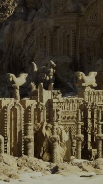 A group of sand sculptures shows ancient buildings with detailed designs. Two lions sit on top of the structures. The scene is set in a dry landscape under bright sunlight.