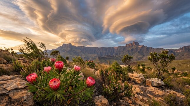 South African Highland Landscape with King Protea Flowers and Dramatic Clouds