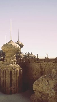 People explore an ancient castle located in the desert. The structure features a tall tower and unique architectural design. The sky is clear and the setting sun casts a warm light.