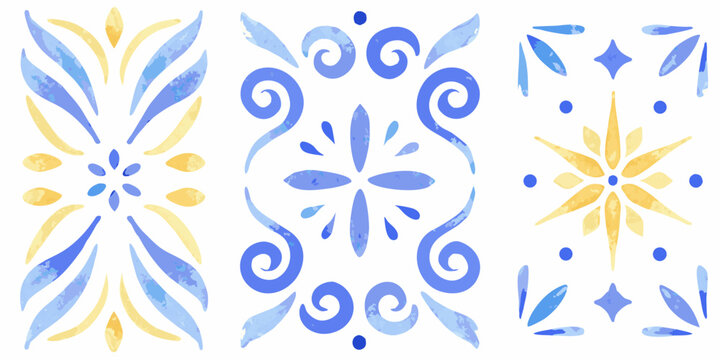 Watercolor azulejo tile patterns with floral and swirling ornamental elements