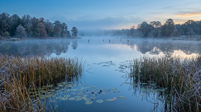 Misty North American Wetland Lake with Water Lilies and Herons at Sunrise
