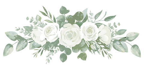 White roses and eucalyptus leaves a watercolor floral arrangement on a white background © Juel