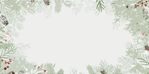 Watercolor pine branch and berry frame with a neutral colored background © Juel