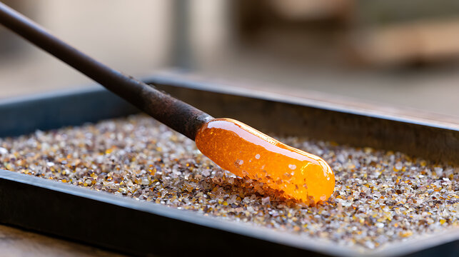 Molten Glass Adhering to Crushed Glass Frits on a Metal Tray, Illustrating the Artistic Craft of Glassblowing and Material Application