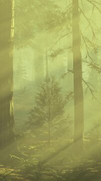Sunlight shines through tall trees in a forest. The light creates a misty effect among the trees. A small tree is visible in the foreground. The scene captures early morning light.
