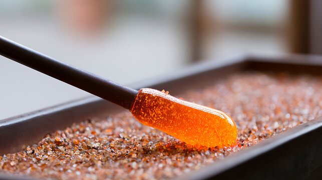 Close-up of a glassblowing pipe with molten, glowing orange glass, dipped into a tray of granular glass frit for artistic creation