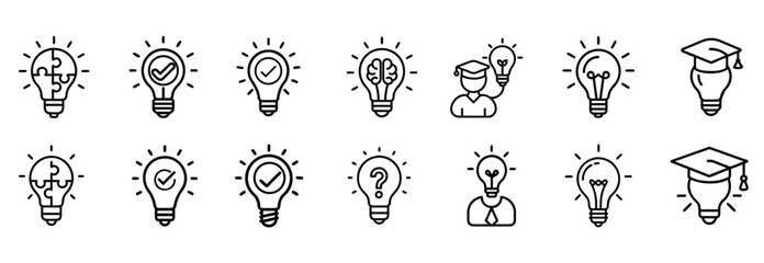 Fototapeta premium Academic inspiration line icons set, genius mindset, creative logic bulb, student knowledge innovation & more vector illustration with editable stroke.