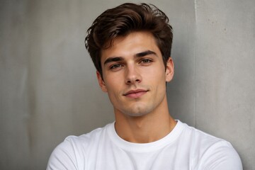 Fototapeta premium Young man with tousled hair and soft gaze. He wears a plain white t-shirt. Calm expression, quiet confidence in his eyes. Background is neutral, textured concrete wall. Ideal for lifestyle, portrait