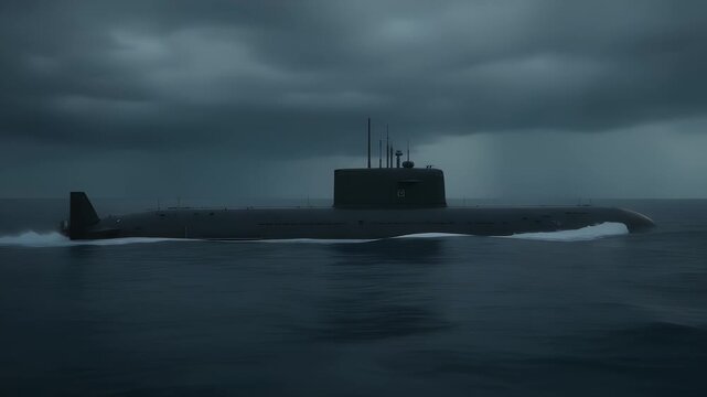 Modern military submarine navigating through deep blue ocean waters under a dark stormy sky creating a powerful atmosphere of stealthy underwater defense and national maritime security operations