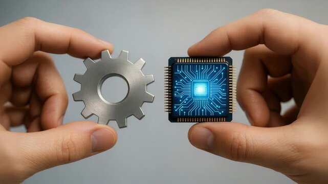 Close-up hands holding a metallic gear and a glowing microchip symbolizing hardware-software integration and tech innovation