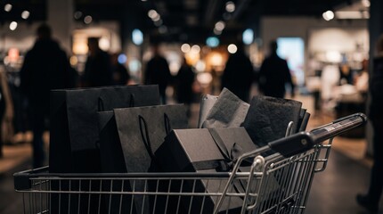 Shopping cart full of black gift bags and boxes © Alex Huynh