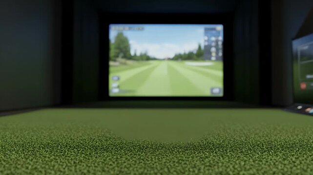 Indoor golf simulator screen displaying a realistic digital course with green synthetic turf in the foreground providing an immersive professional practice experience for active sport enthusiasts