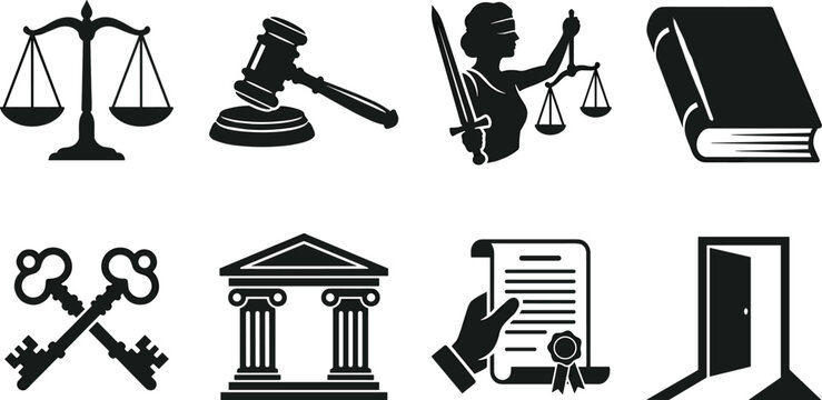 Law Justice and Legal System Silhouette Icon Set for Courthouse Attorney and Advocacy Concepts