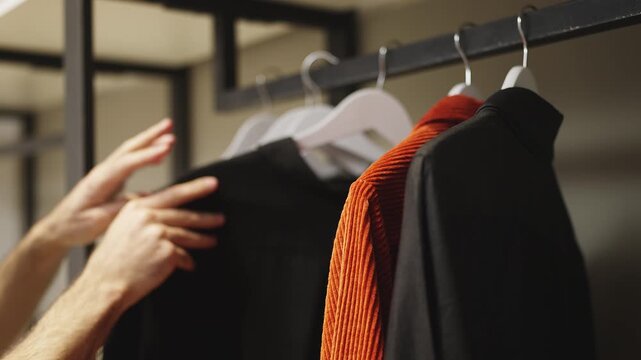 Man choosing between stylish outfits in wardrobe, picking orange jacket