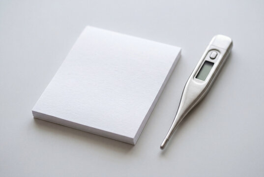 Digital thermometer next to a blank prescription pad