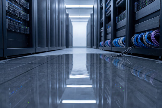 Flooded floor reflecting dark computer racks inside a server room