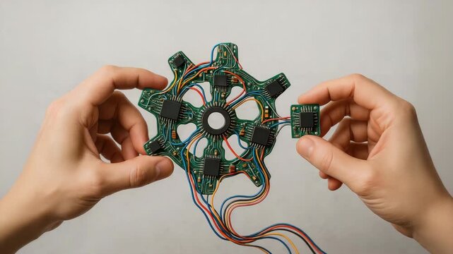 Hands holding a gear-shaped circuit board with multicolored wires and a detachable microchip on a white background