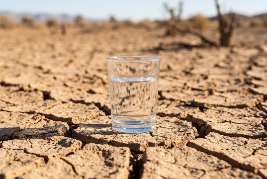 Glass of clear water resting on dry cracked earth