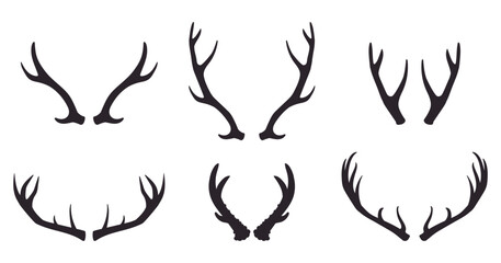 Naklejka premium Deer antlers collection. Different stag antler silhouettes flat vector illustration set. Hunting trophy design elements isolated on white background