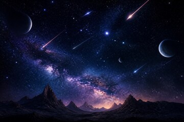 Fototapeta premium Majestic mountain range stretches beneath a star-filled sky. Neon hues glow where the Milky Way meets dark heavens. Comets streak across cosmic canvas, leaving glowing trails behind