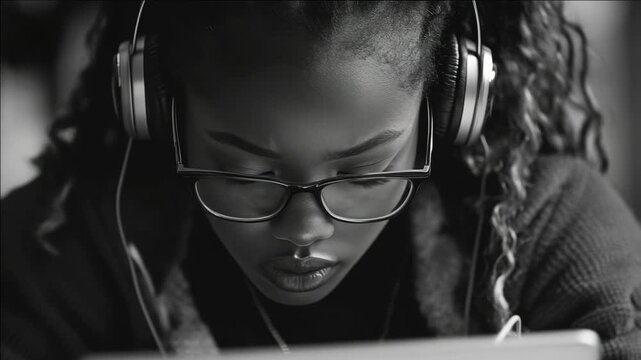 Young woman wearing headphones, concentrating on her laptop.