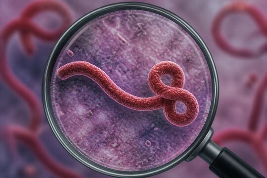 Magnifying glass reveals a single red, coiled microbe. Purple background shows blurred similar shapes. Focus draws attention to the microbe's wavy, segmented form