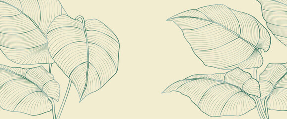 Naklejka premium luxury botanical art background with exotic leaves in a hand-drawn line style. Tropical banner for decor, prints, textiles, packaging, wallpaper, and interiors.
