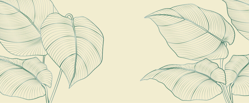 luxury botanical art background with exotic leaves in a hand-drawn line style. Tropical banner for decor, prints, textiles, packaging, wallpaper, and interiors.