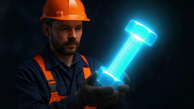 Construction worker in orange hard hat and coveralls holding a glowing holographic hex bolt and nut in a dark industrial setting